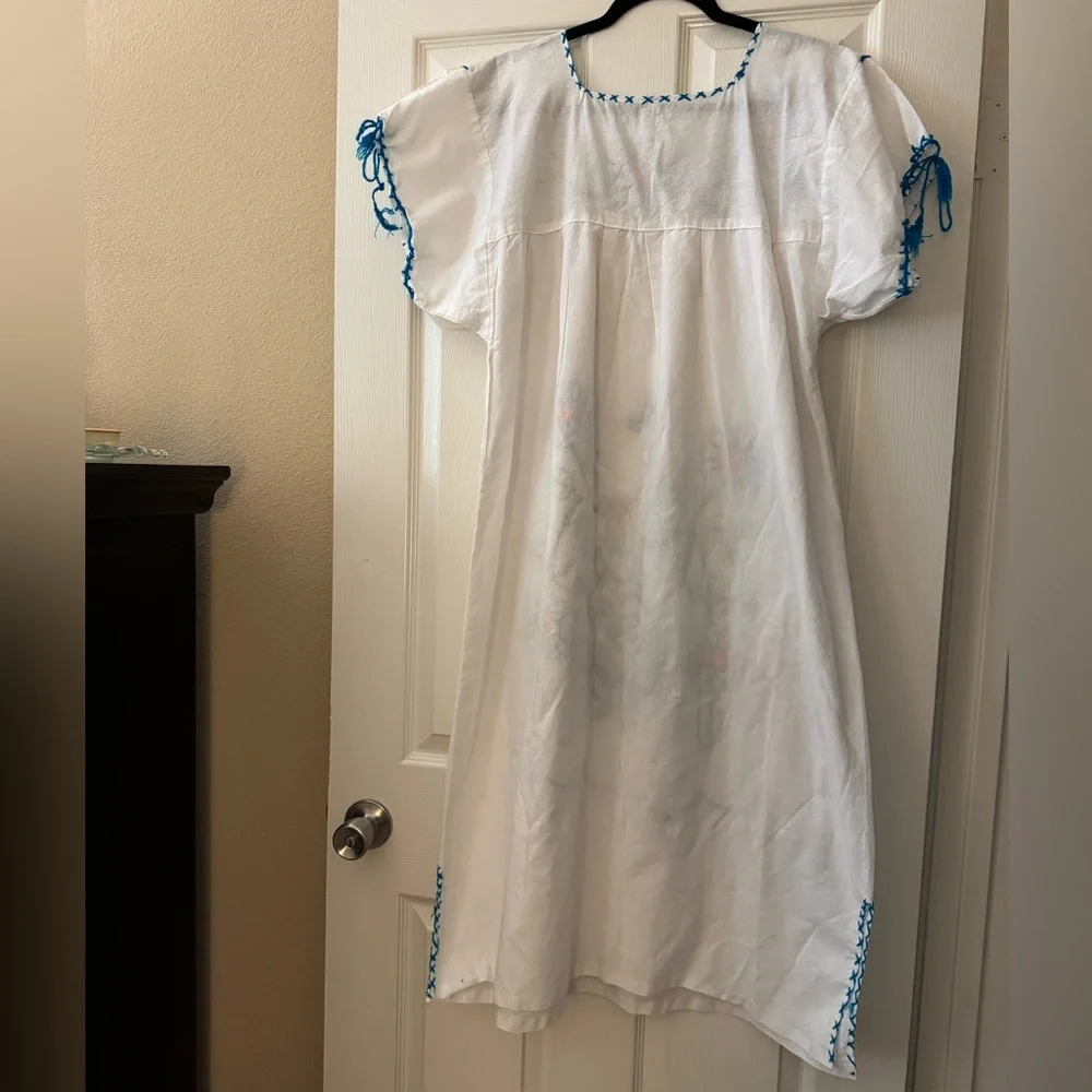 Mexican Style Hand Embroidered Dress - White  with Floral Accents - Picture 4 of 7